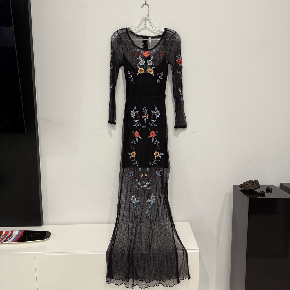 Free People Black Maxi Dress with Floral Embroidery